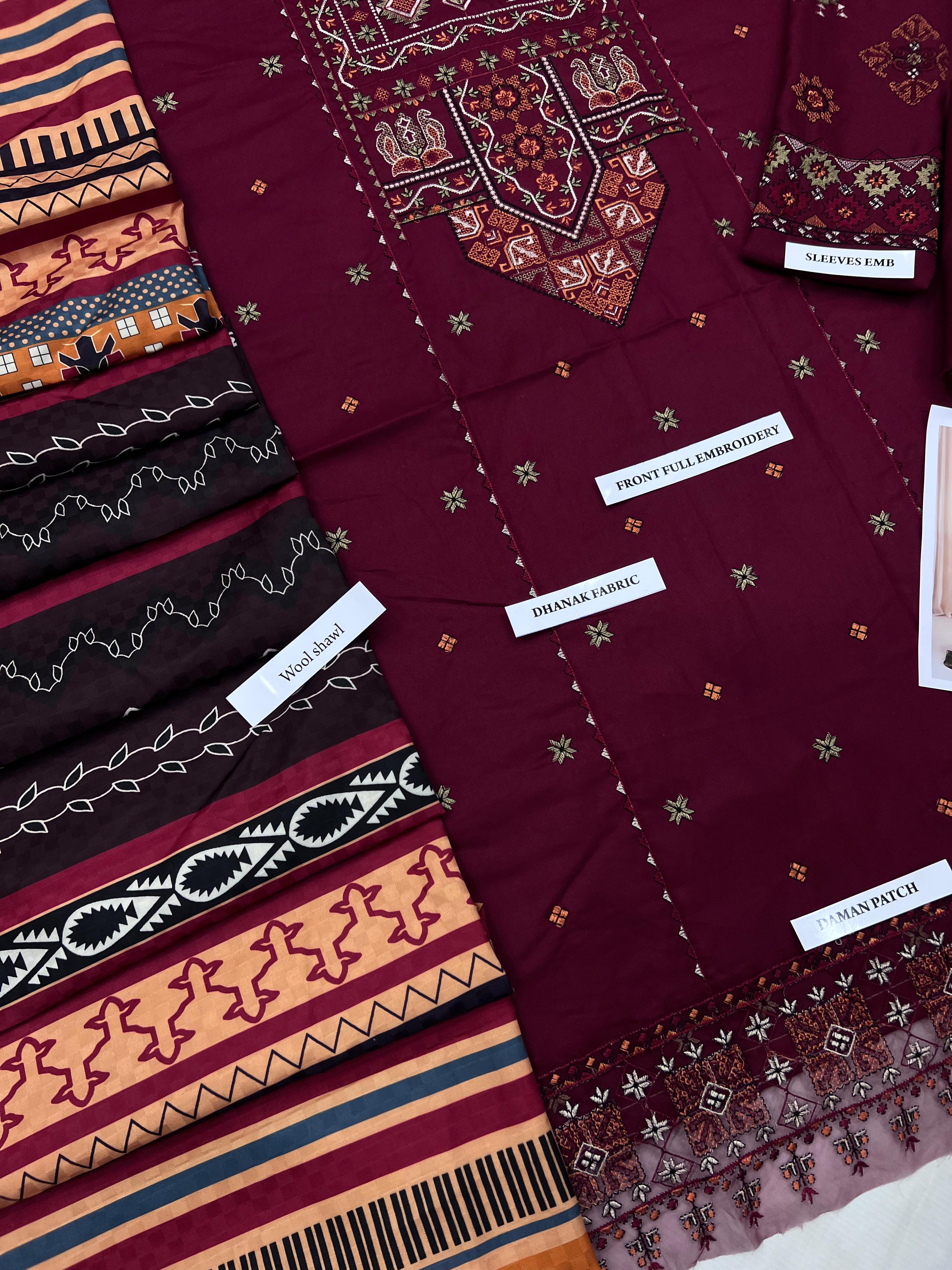 wool-like warm shawl with dhanak suit
premium dyed dhanak 3 piece winter collection