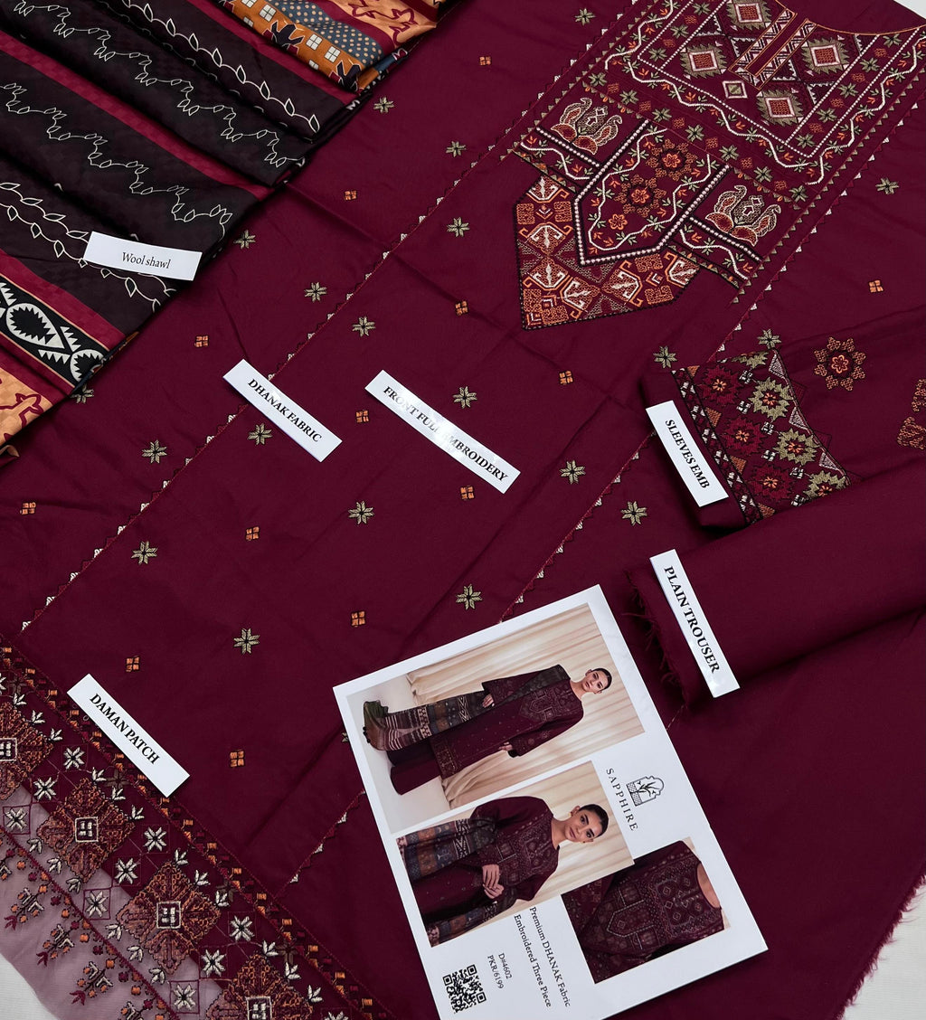 Premium Dhanak Embroidered 3-Piece Set with Shawl