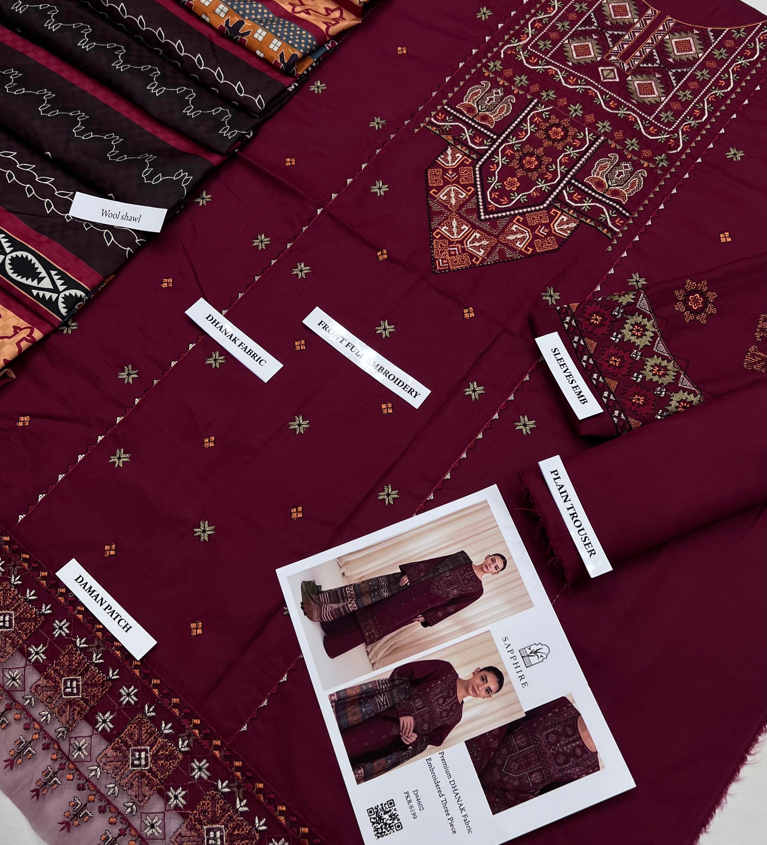 Premium Dhanak Embroidered 3-Piece Set with Shawl