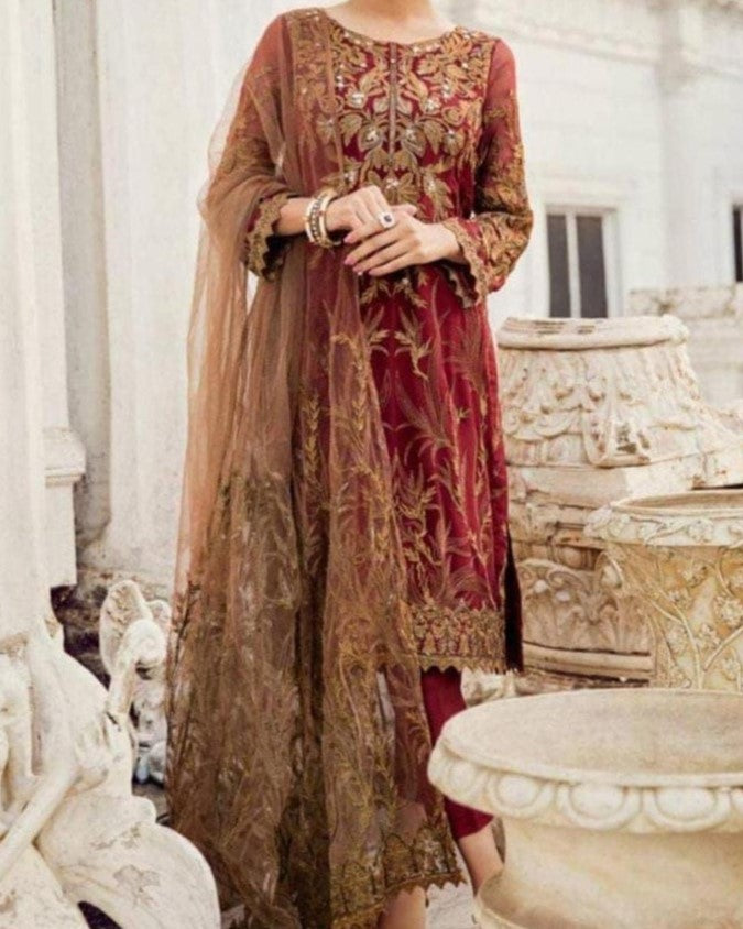 chiffon embroidered suit front design with pearls