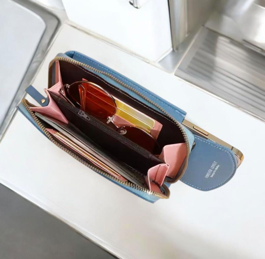 "Stylish Ladies Hand Clutch with Top Zipper – Spacious with Card and Mobile Holder"