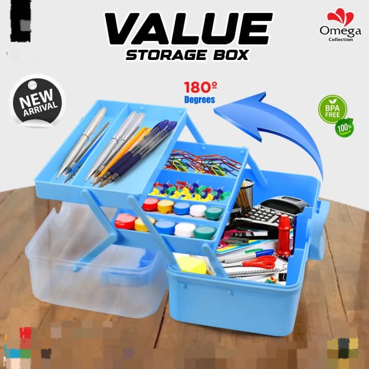 Blue storage box with various stationery items on a wooden surface, featuring Omega Collection branding.