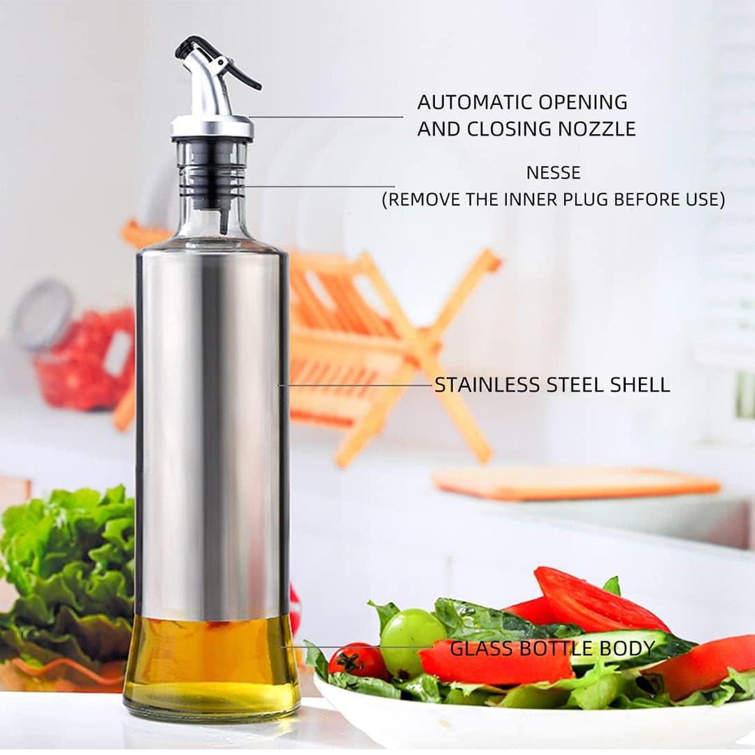 Olive oil bottle with features highlighted on a kitchen background