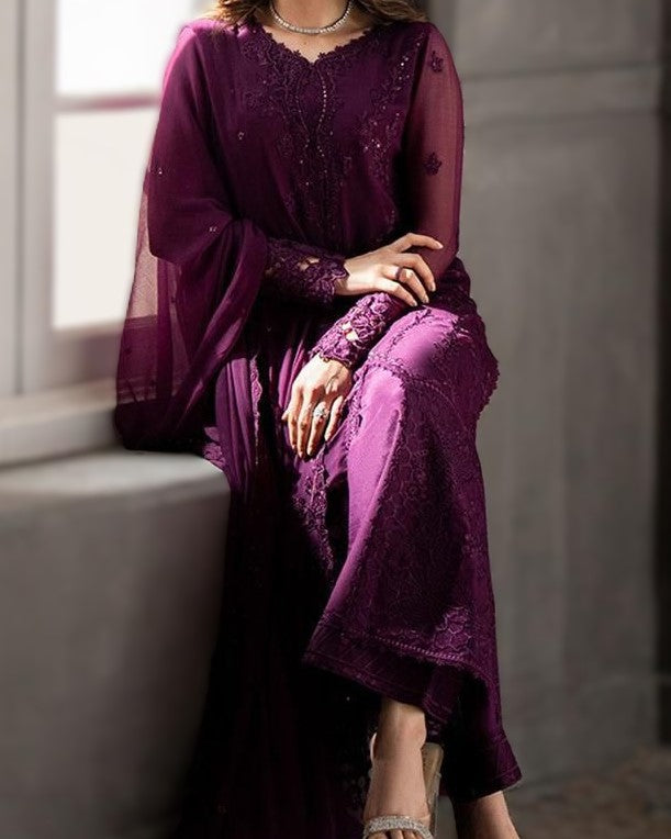 Luxury Chiffon Embroidered Suit with Silk Trouser – Code AZ-001