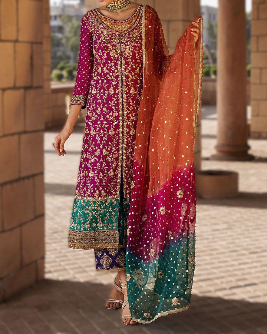 Embroidered chiffon wedding dress with handwork front, tie and dye net dupatta, and silk embroidered trouser – perfect for festive and formal occasions.