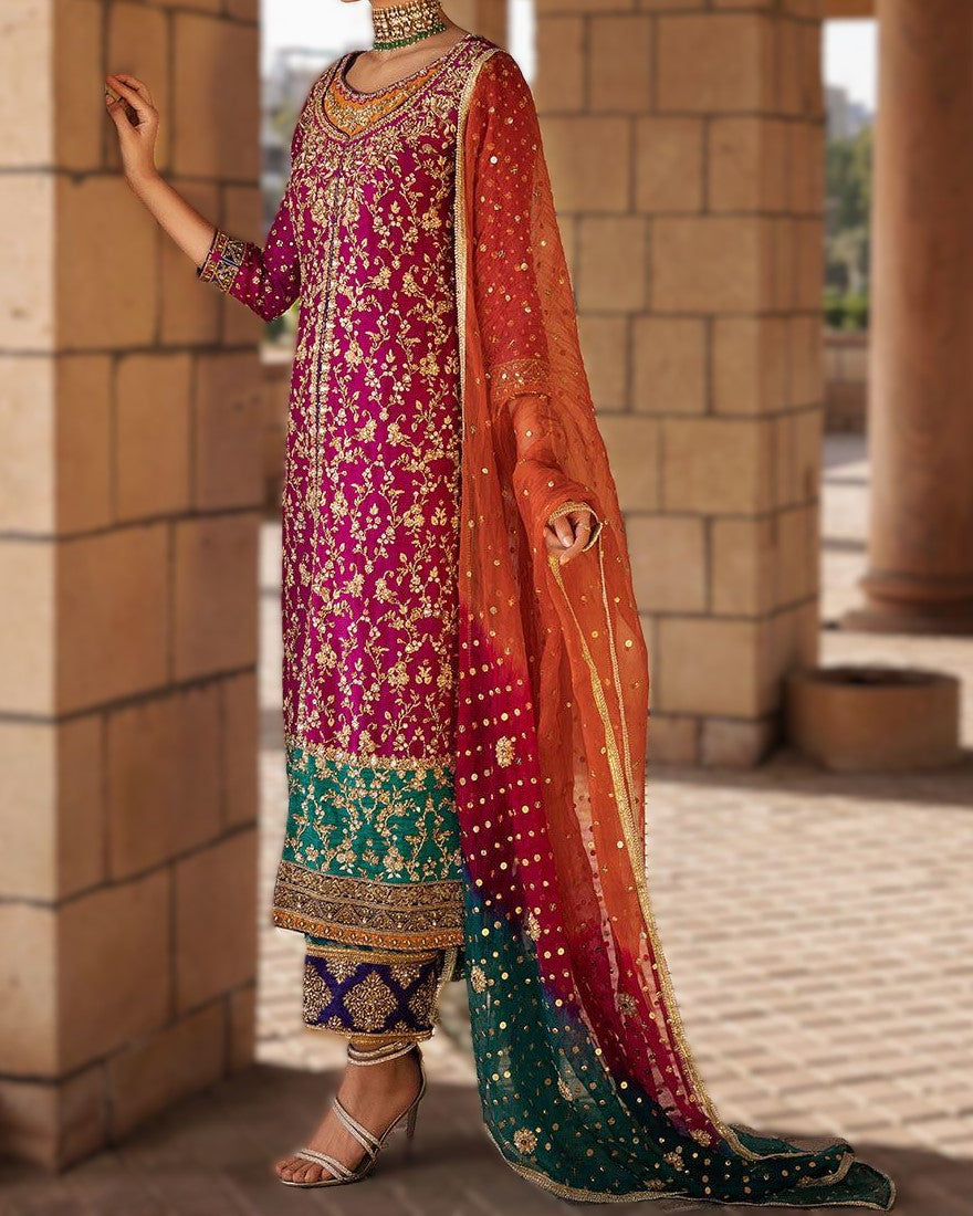 Embroidered chiffon wedding dress with handwork front, tie and dye net dupatta, and silk embroidered trouser – perfect for festive and formal occasions.