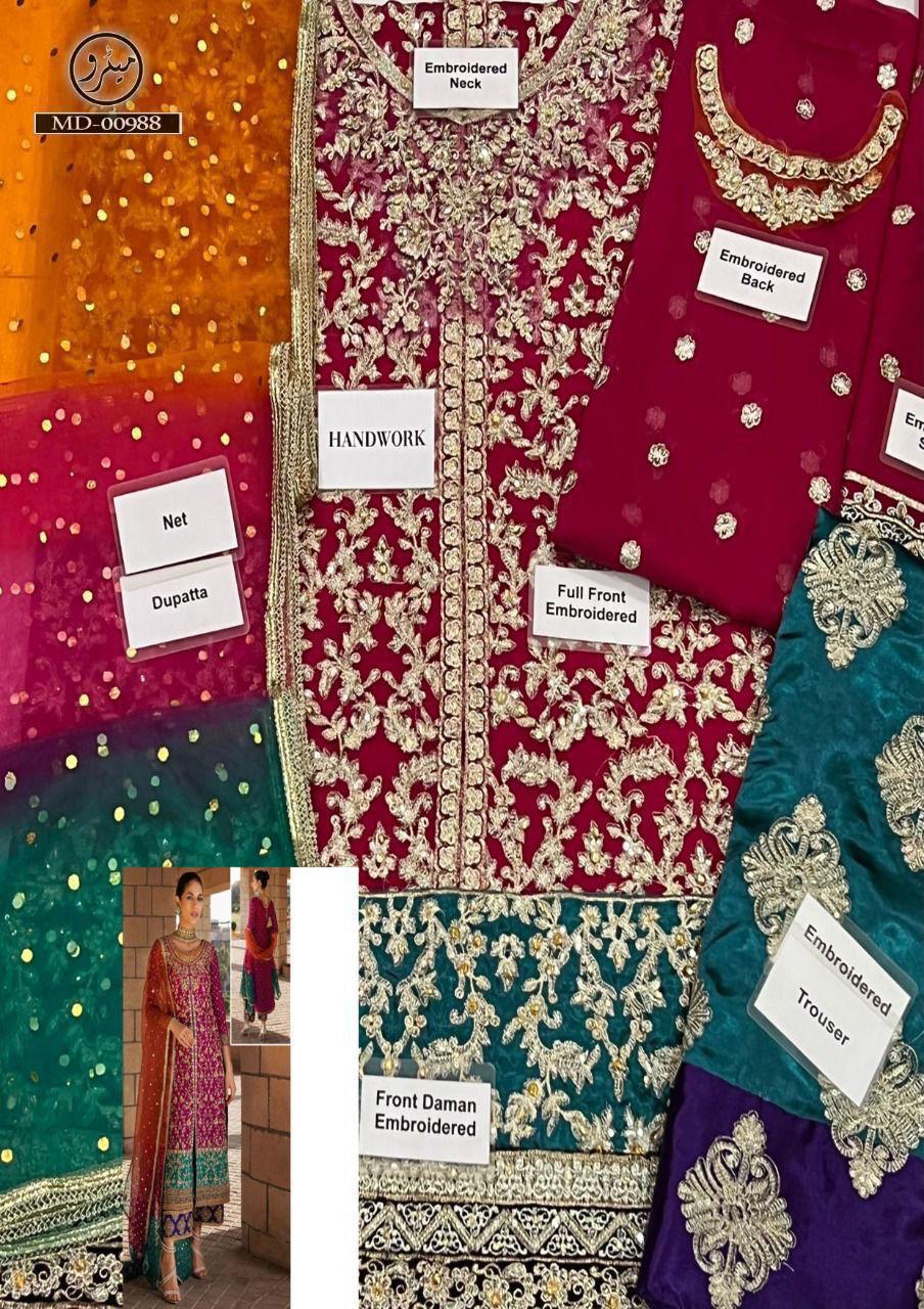 Embroidered chiffon wedding dress with handwork front, tie and dye net dupatta, and silk embroidered trouser – perfect for festive and formal occasions.