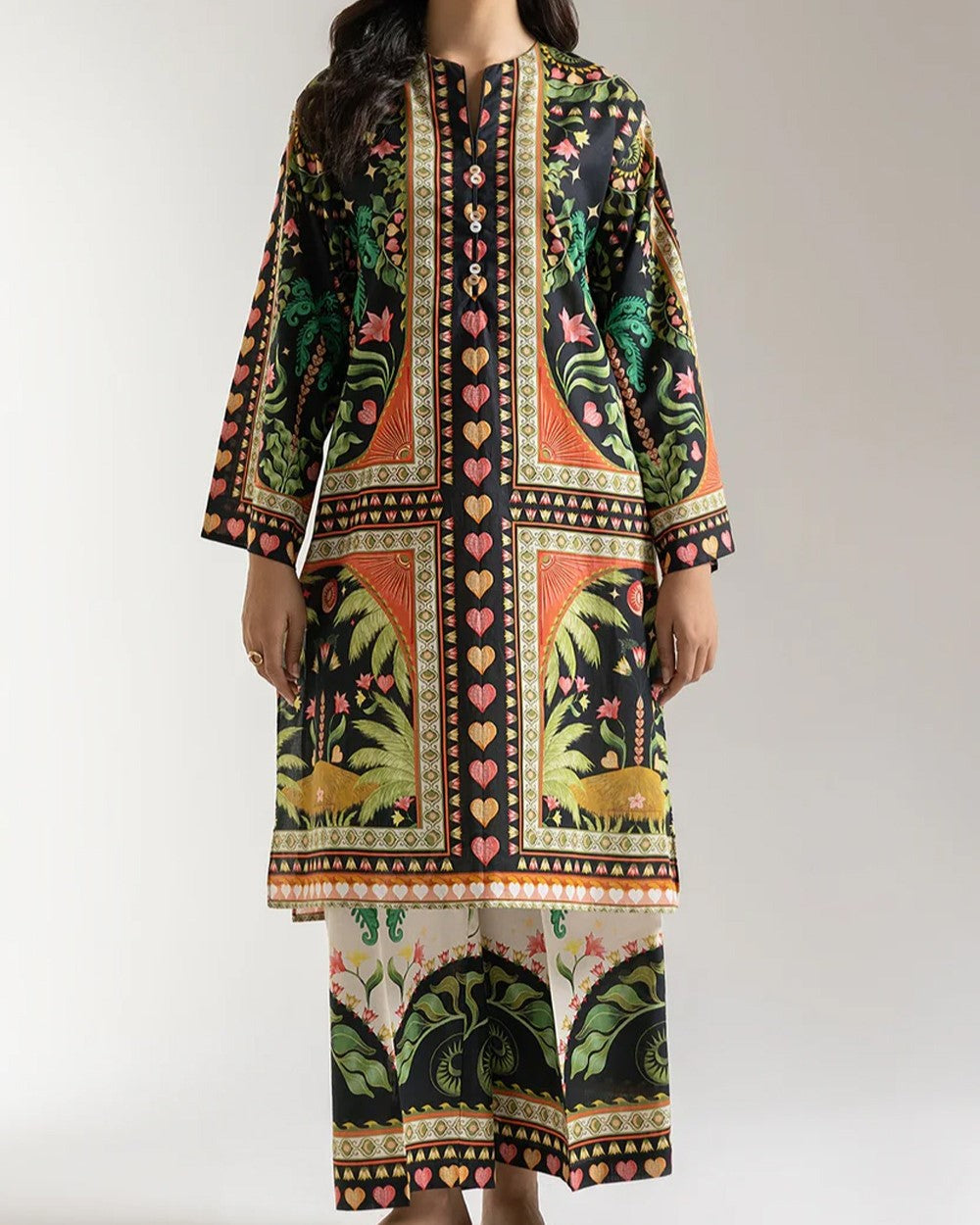 Stitched 2 piece printed shirt and trouser – premium grip fabric summer collection 2024, medium size with size chart
