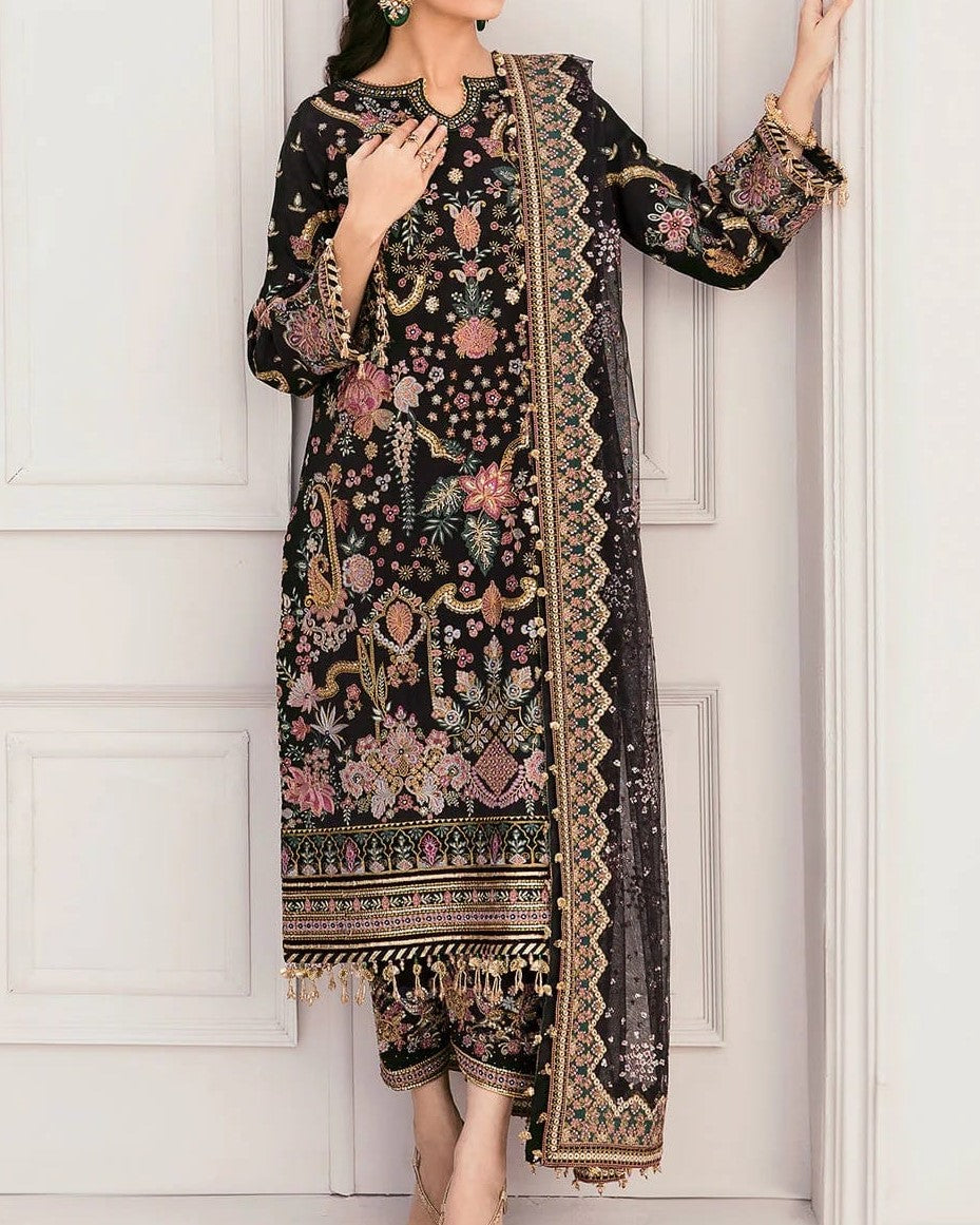 Black heavy embroidered bridal dress with net shirt, embroidered dupatta with handmade tassels, and crape trouser – perfect for weddings and formal wear.