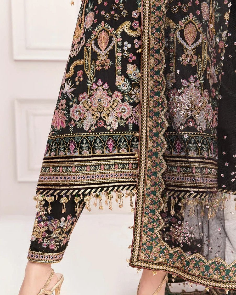 Black heavy embroidered bridal dress with net shirt, embroidered dupatta with handmade tassels, and crape trouser – perfect for weddings and formal wear.