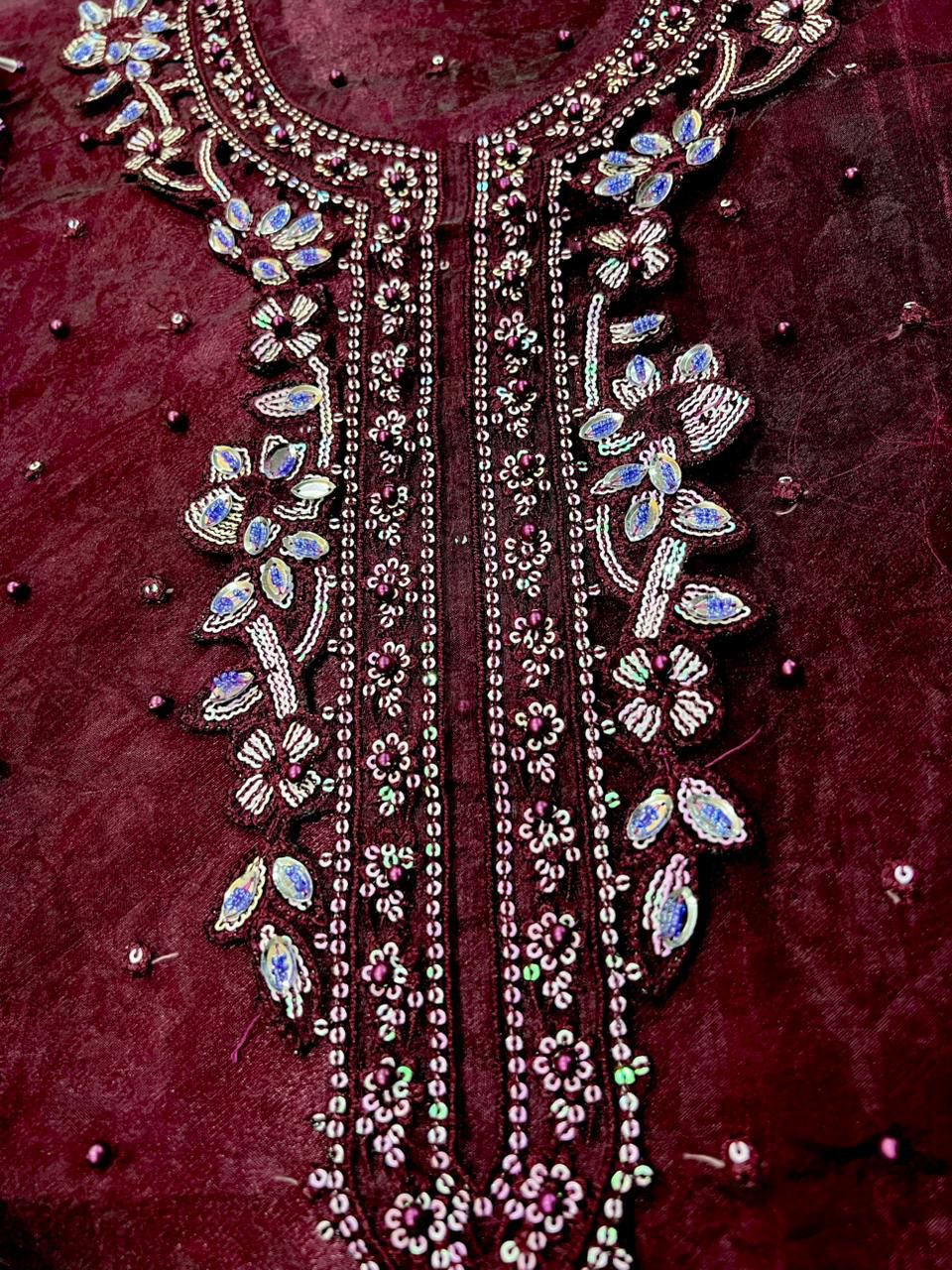 Organza embroidered unstitched 3pc luxury dress with heavy cutwork borders, digital printed dupatta and silk trouser