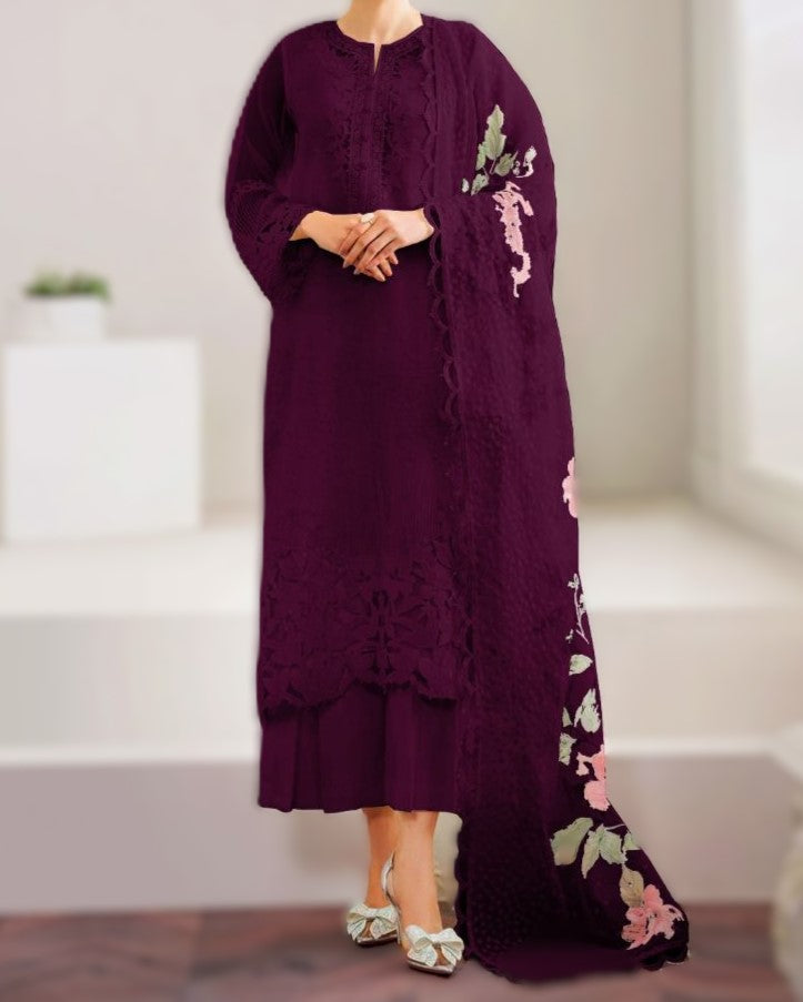 Organza embroidered unstitched 3pc luxury dress with heavy cutwork borders, digital printed dupatta and silk trouser