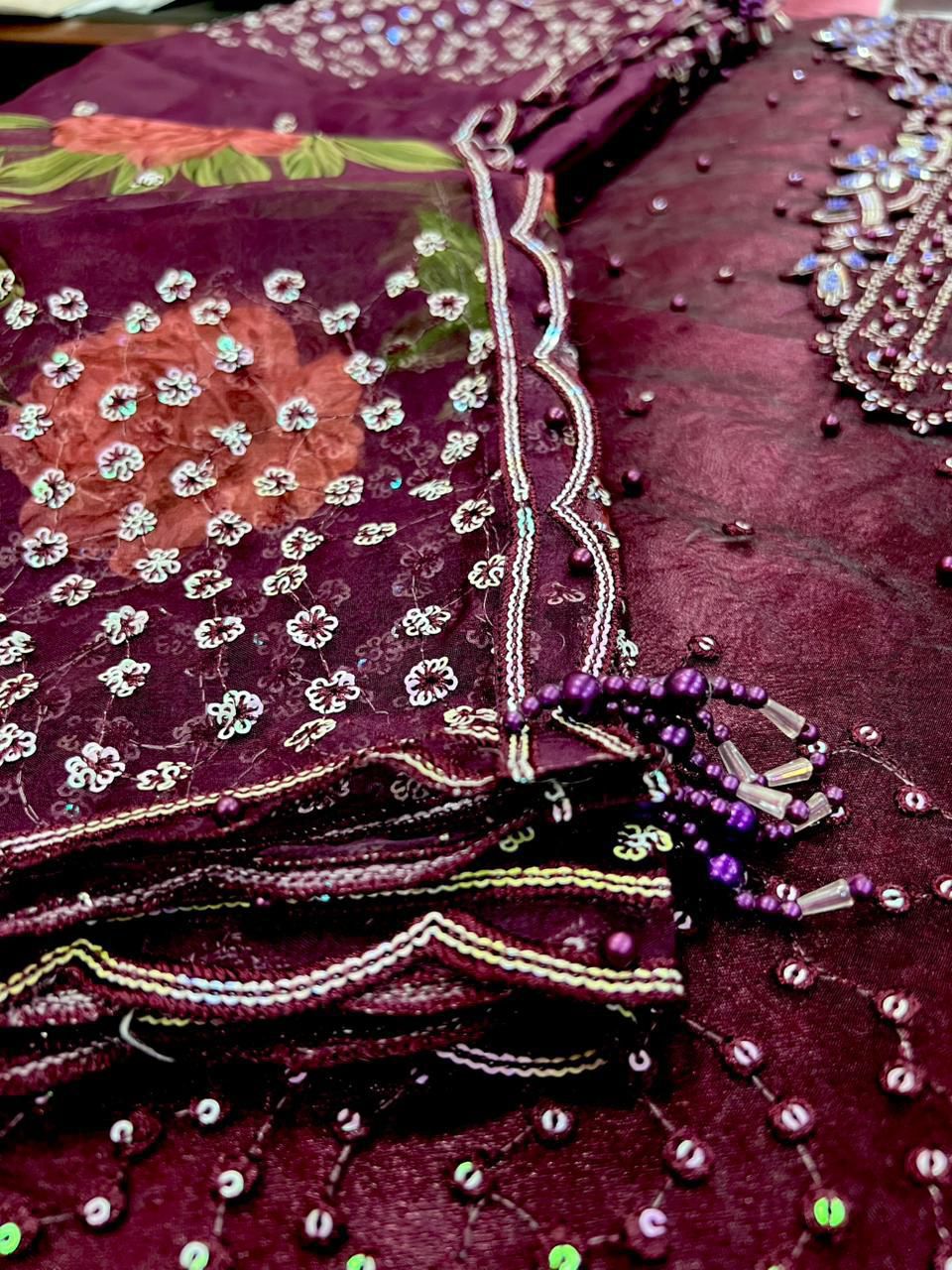 Organza embroidered unstitched 3pc luxury dress with heavy cutwork borders, digital printed dupatta and silk trouser
