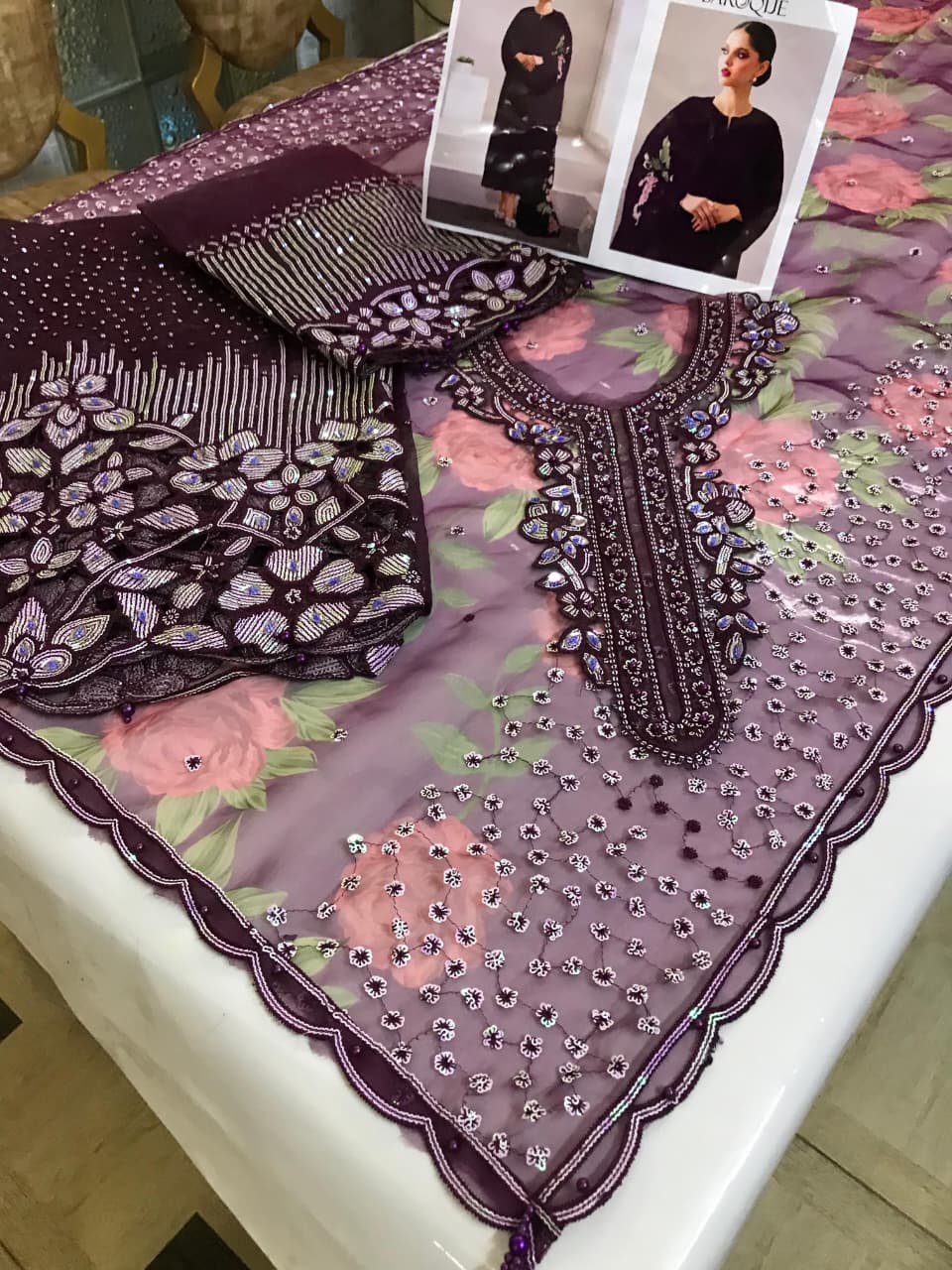 Organza embroidered unstitched 3pc luxury dress with heavy cutwork borders, digital printed dupatta and silk trouser