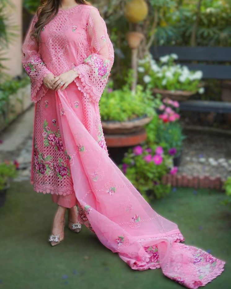 Premium organza embroidered Chikan Kari 3pc dress in soft pink with heavy embroidery, organza dupatta, and silk trouser