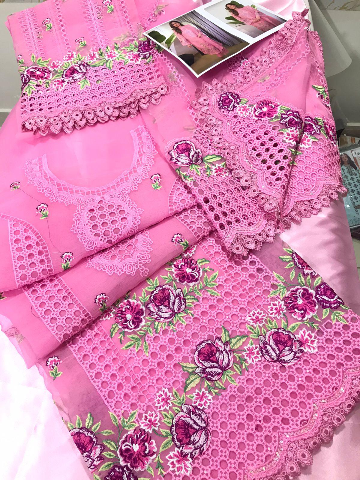 Premium organza embroidered Chikan Kari 3pc dress in soft pink with heavy embroidery, organza dupatta, and silk trouser