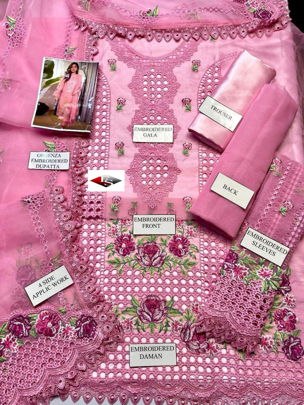Premium organza embroidered Chikan Kari 3pc dress in soft pink with heavy embroidery, organza dupatta, and silk trouser