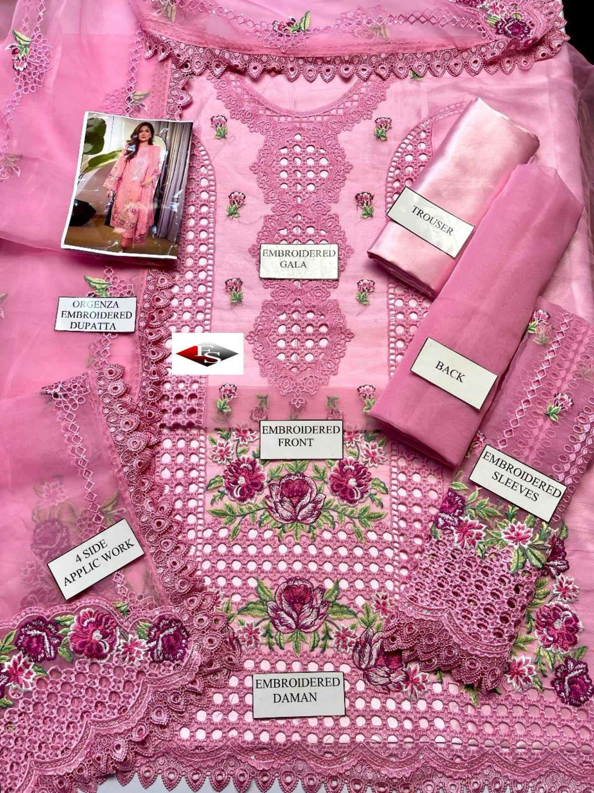 Premium organza embroidered Chikan Kari 3pc dress in soft pink with heavy embroidery, organza dupatta, and silk trouser