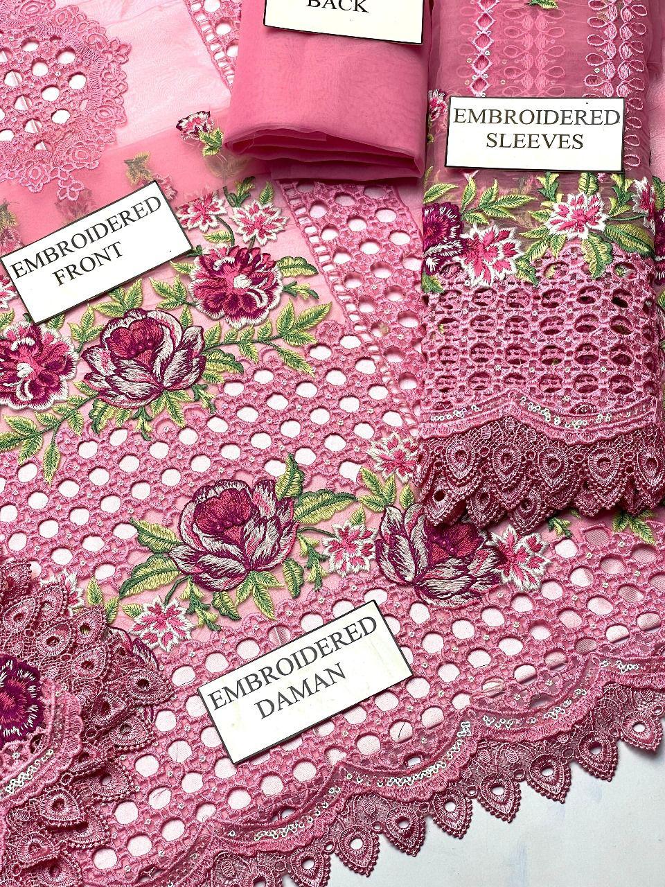 Premium organza embroidered Chikan Kari 3pc dress in soft pink with heavy embroidery, organza dupatta, and silk trouser