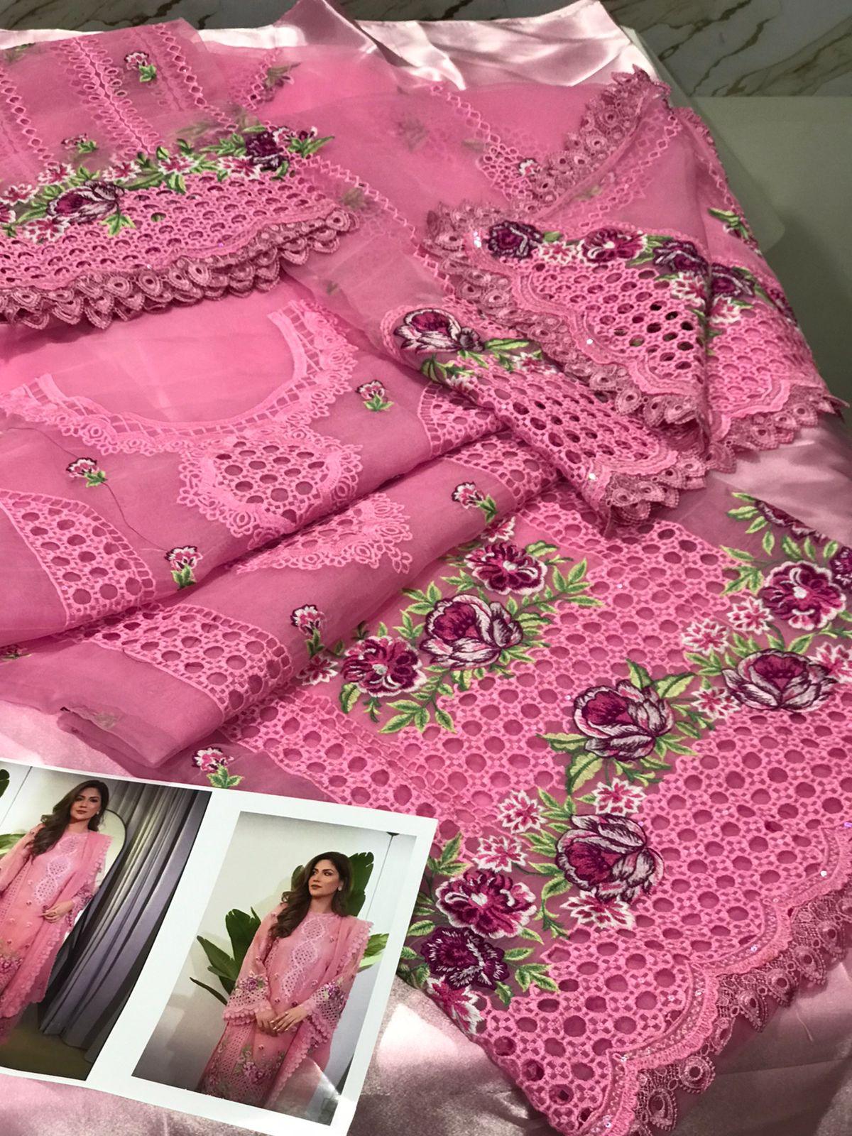 Premium organza embroidered Chikan Kari 3pc dress in soft pink with heavy embroidery, organza dupatta, and silk trouser