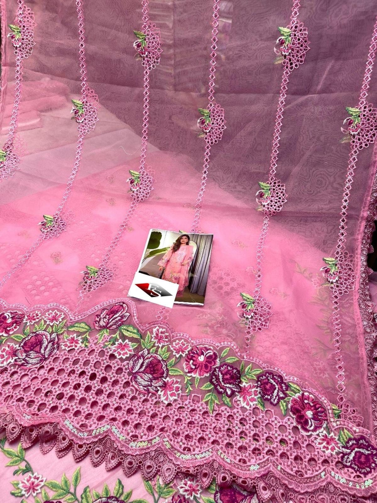 Premium organza embroidered Chikan Kari 3pc dress in soft pink with heavy embroidery, organza dupatta, and silk trouser