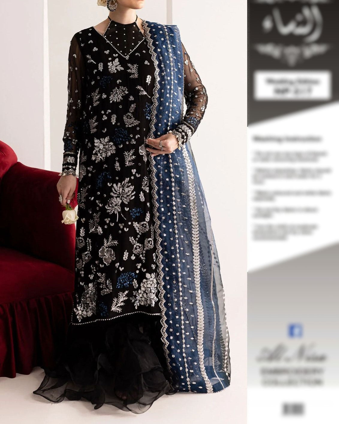 Chiffon and organza embroidered 3pc suit with sequence and adda work, chiffon sleeves, organza dupatta, malai inner and satin silk trouser - buyfromdanish.com