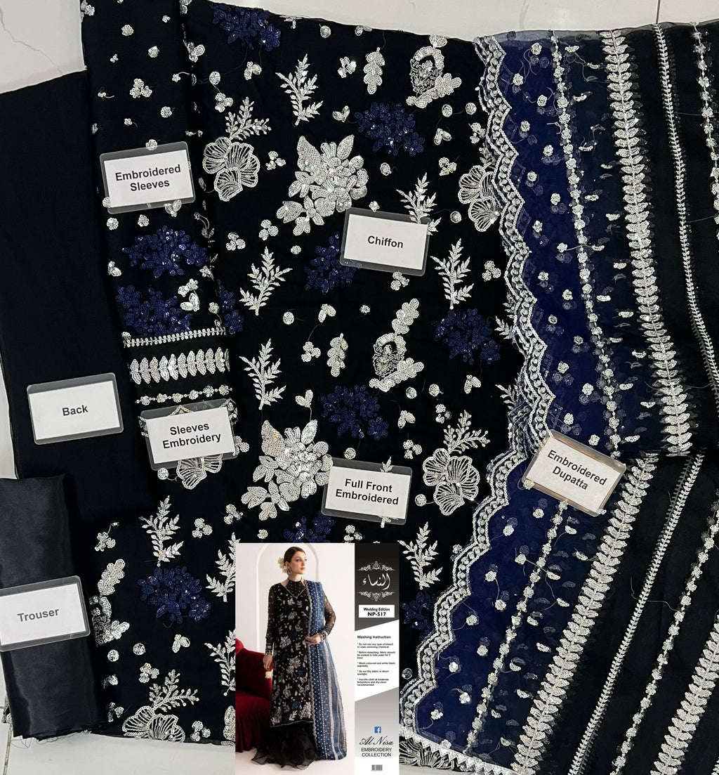 Chiffon and organza embroidered 3pc suit with sequence and adda work, chiffon sleeves, organza dupatta, malai inner and satin silk trouser - buyfromdanish.com
