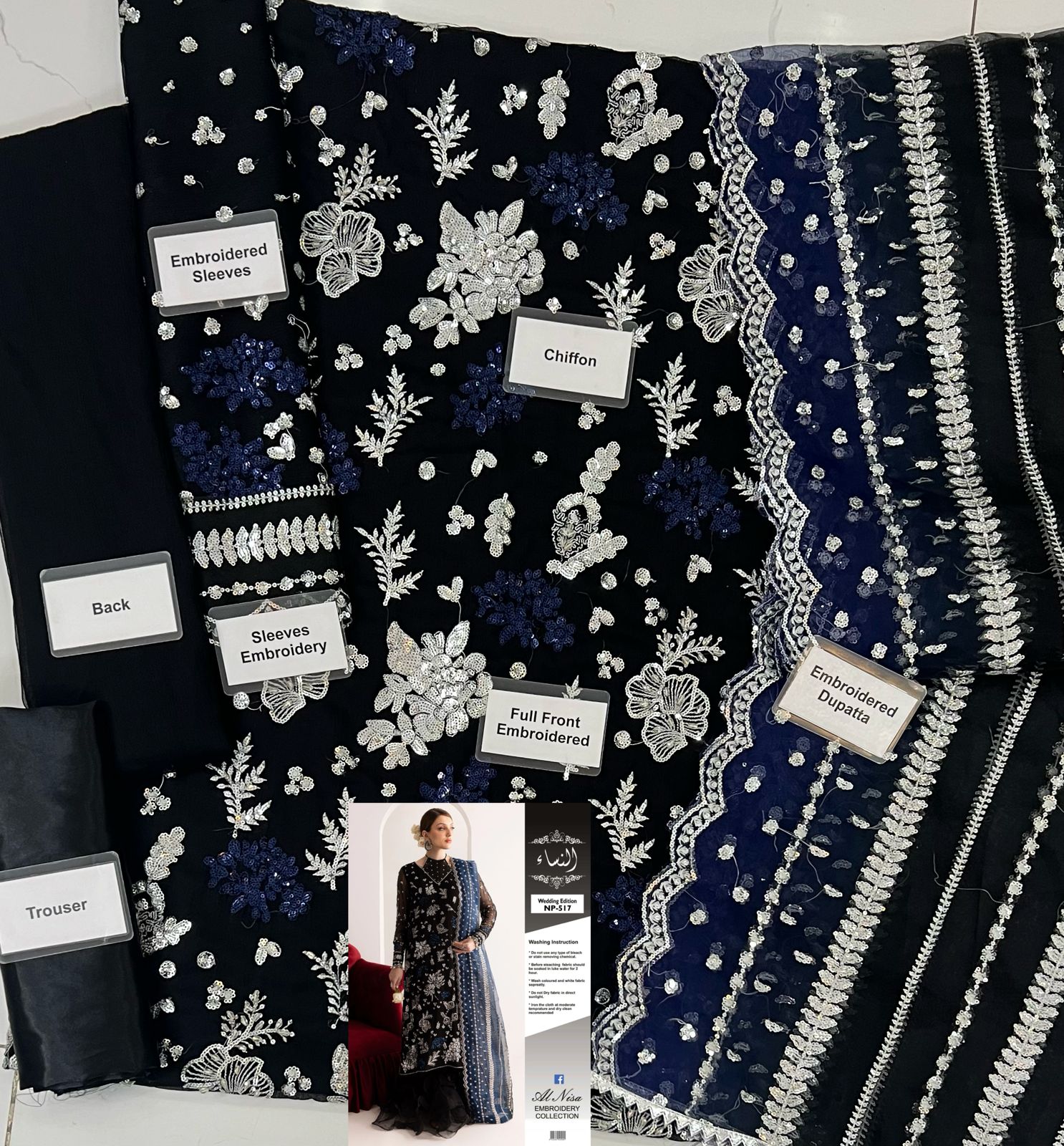 Chiffon and organza embroidered 3pc suit with sequence and adda work, chiffon sleeves, organza dupatta, malai inner and satin silk trouser - buyfromdanish.com
