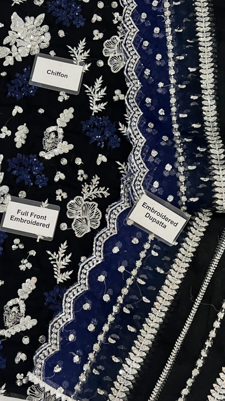 Chiffon and organza embroidered 3pc suit with sequence and adda work, chiffon sleeves, organza dupatta, malai inner and satin silk trouser - buyfromdanish.com
