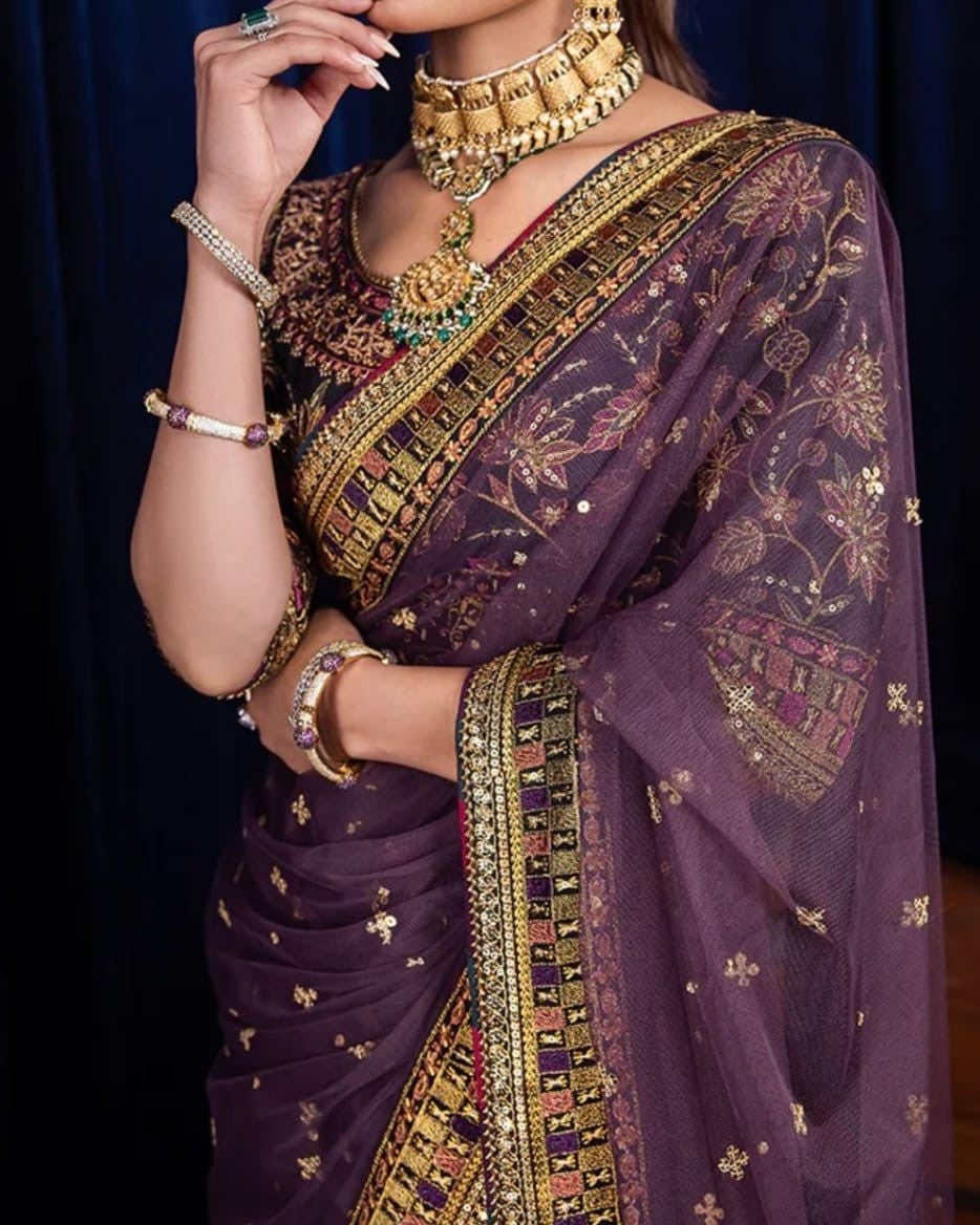 Net embroidered saree with silk blouse, peti coat and trouser – festive premium collection - buyfromdanish.com