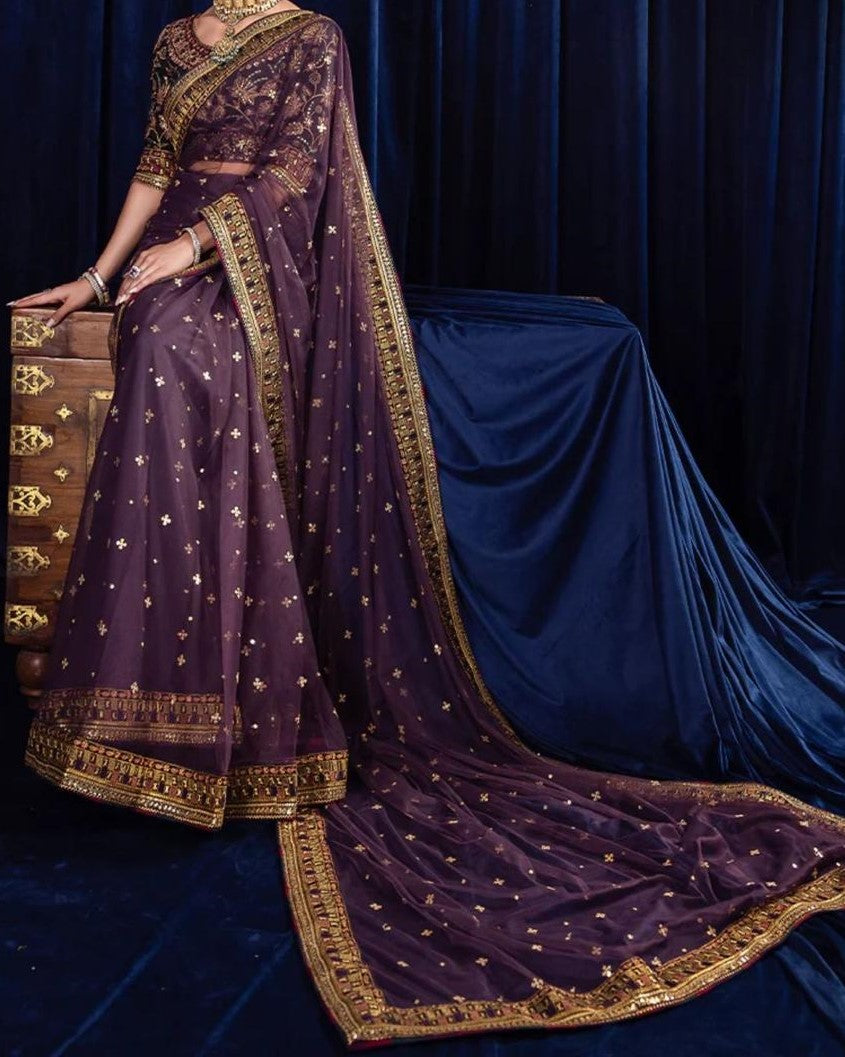 Net embroidered saree with silk blouse, peti coat and trouser – festive premium collection - buyfromdanish.com