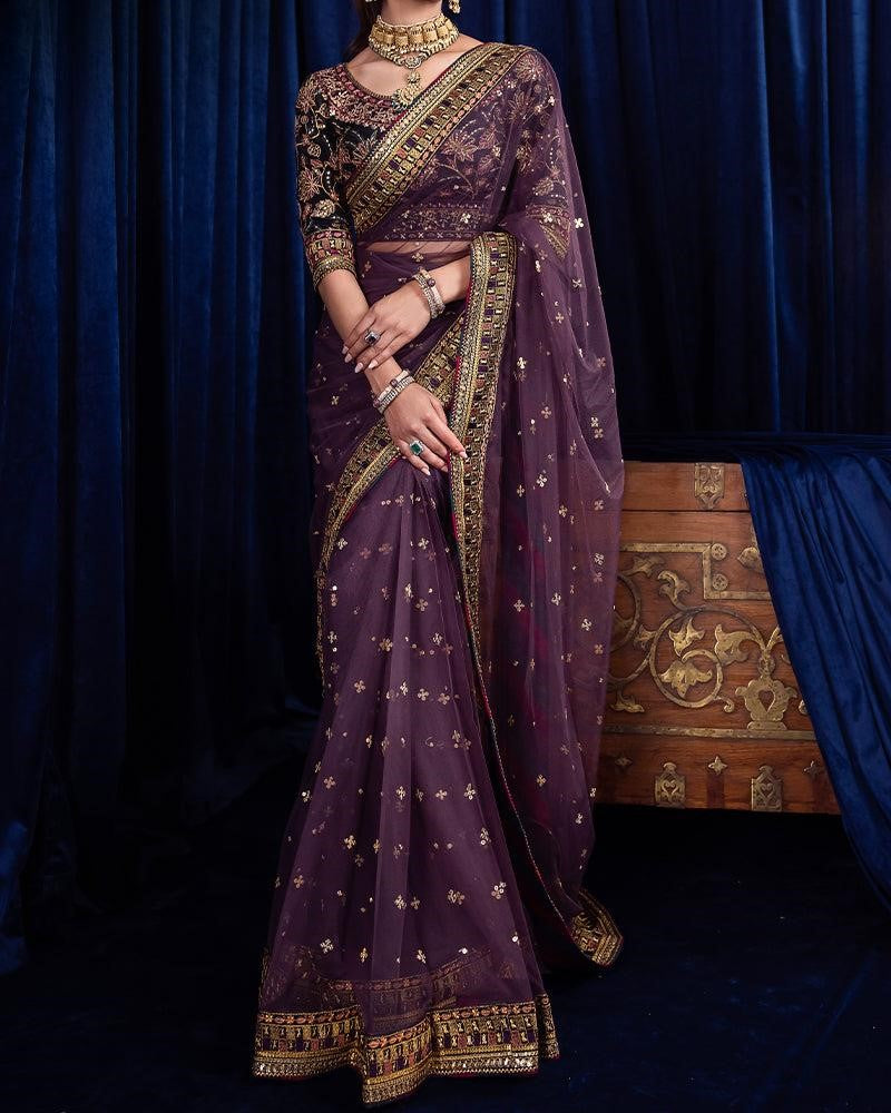 Net embroidered saree with silk blouse, peti coat and trouser – festive premium collection - buyfromdanish.com