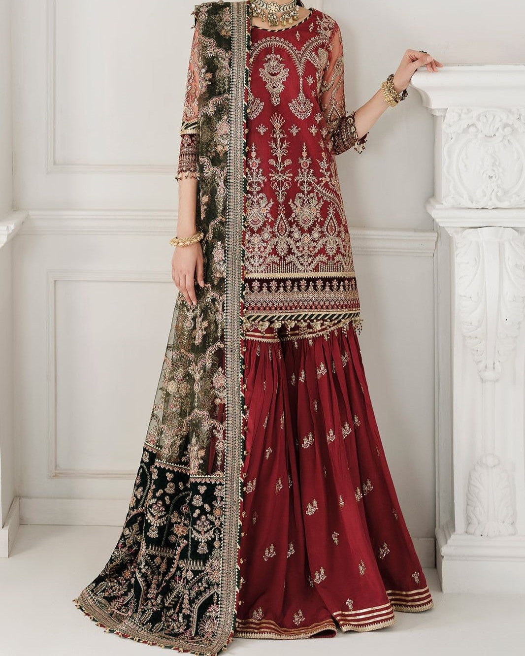 

Luxury net embroidered spengle work unstitched 3pc dress with organza dupatta, shamoz silk trouser and fancy tussles - buyfromdanish.com