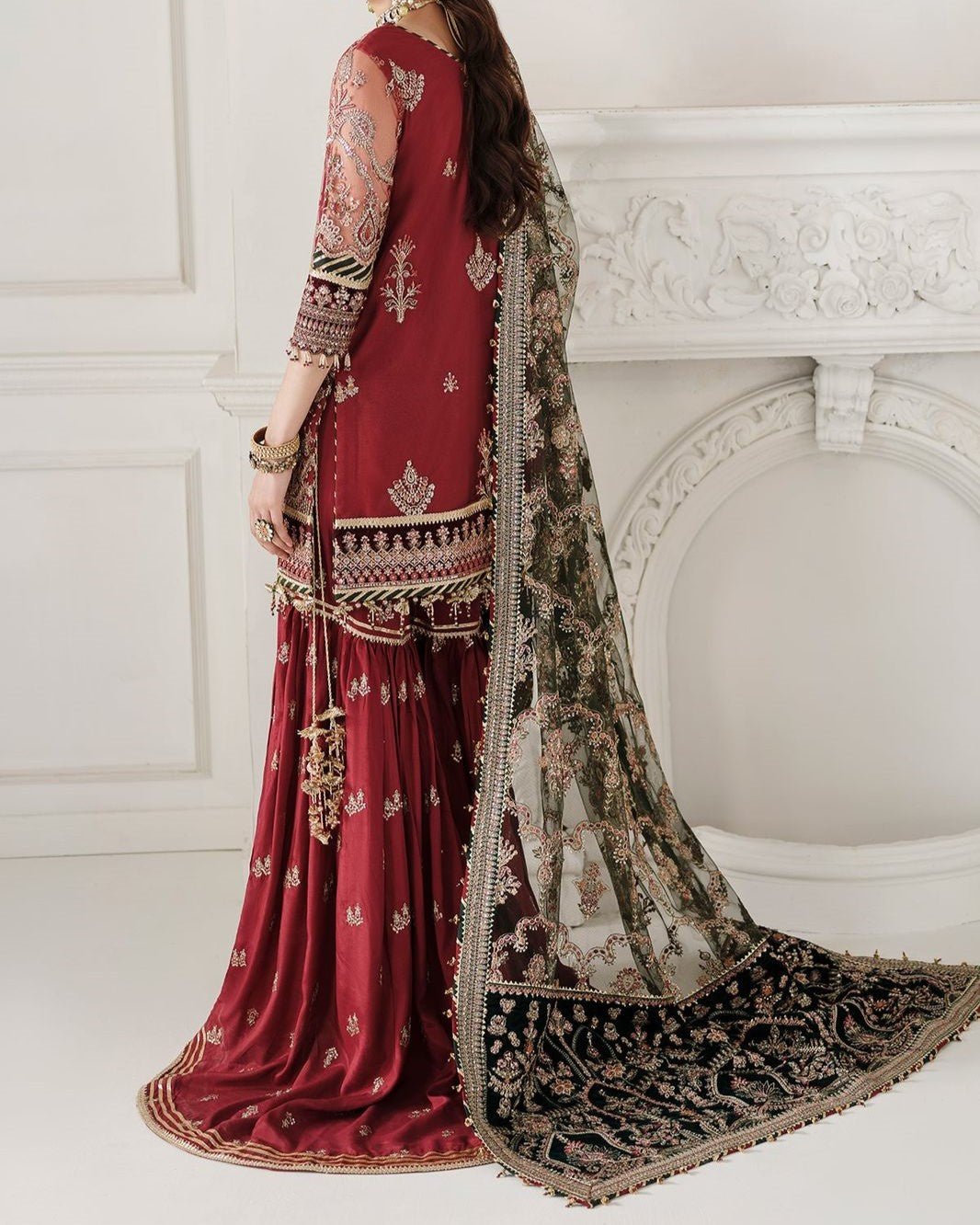 

Luxury net embroidered spengle work unstitched 3pc dress with organza dupatta, shamoz silk trouser and fancy tussles - buyfromdanish.com