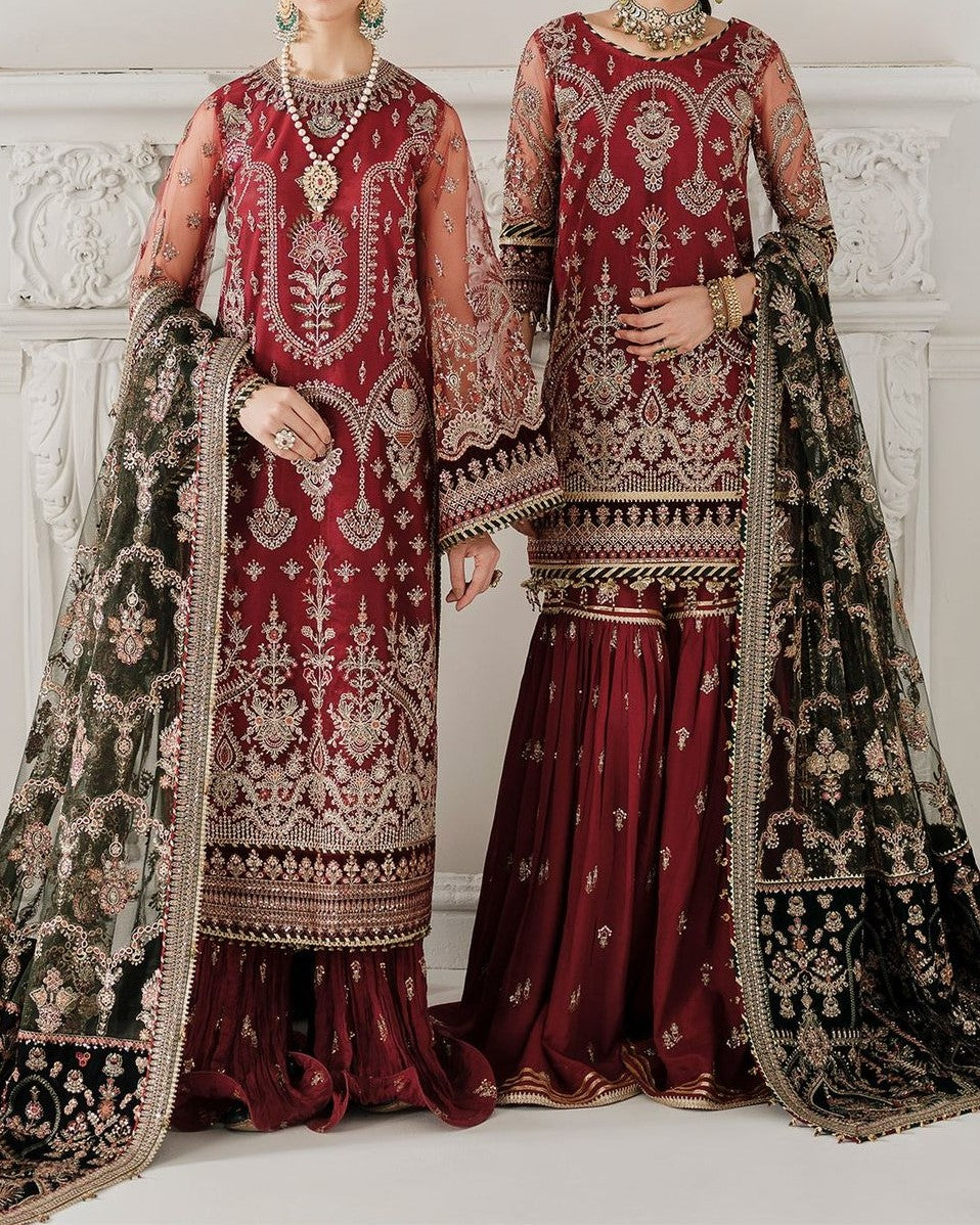 

Luxury net embroidered spengle work unstitched 3pc dress with organza dupatta, shamoz silk trouser and fancy tussles - buyfromdanish.com