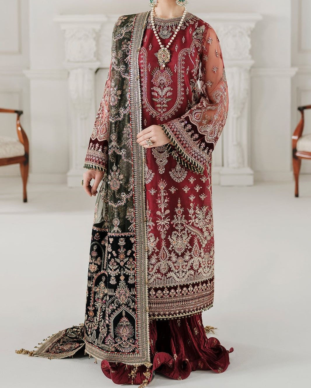 

Luxury net embroidered spengle work unstitched 3pc dress with organza dupatta, shamoz silk trouser and fancy tussles - buyfromdanish.com