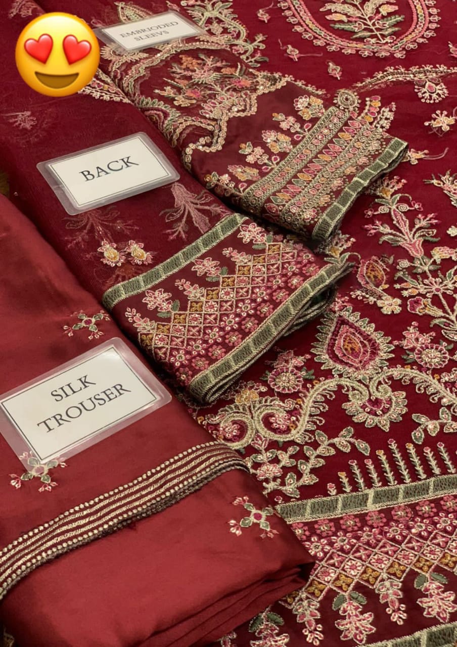 

Luxury net embroidered spengle work unstitched 3pc dress with organza dupatta, shamoz silk trouser and fancy tussles - buyfromdanish.com