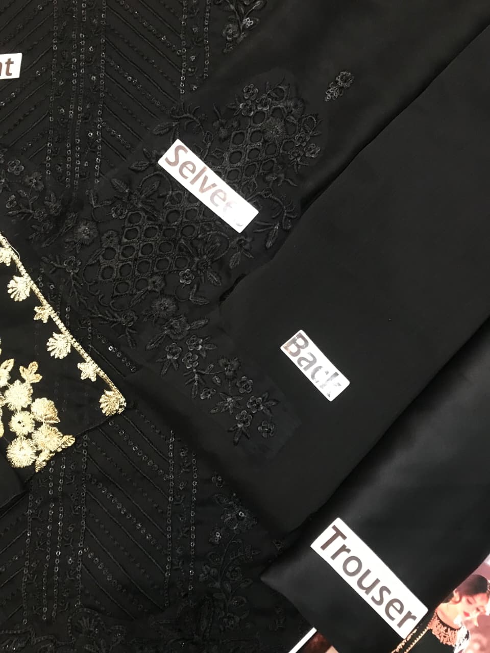 Chiffon embroidered unstitched 3pc luxury dress with heavy embroidered front, neckline, chiffon dupatta and shamoz silk trouser