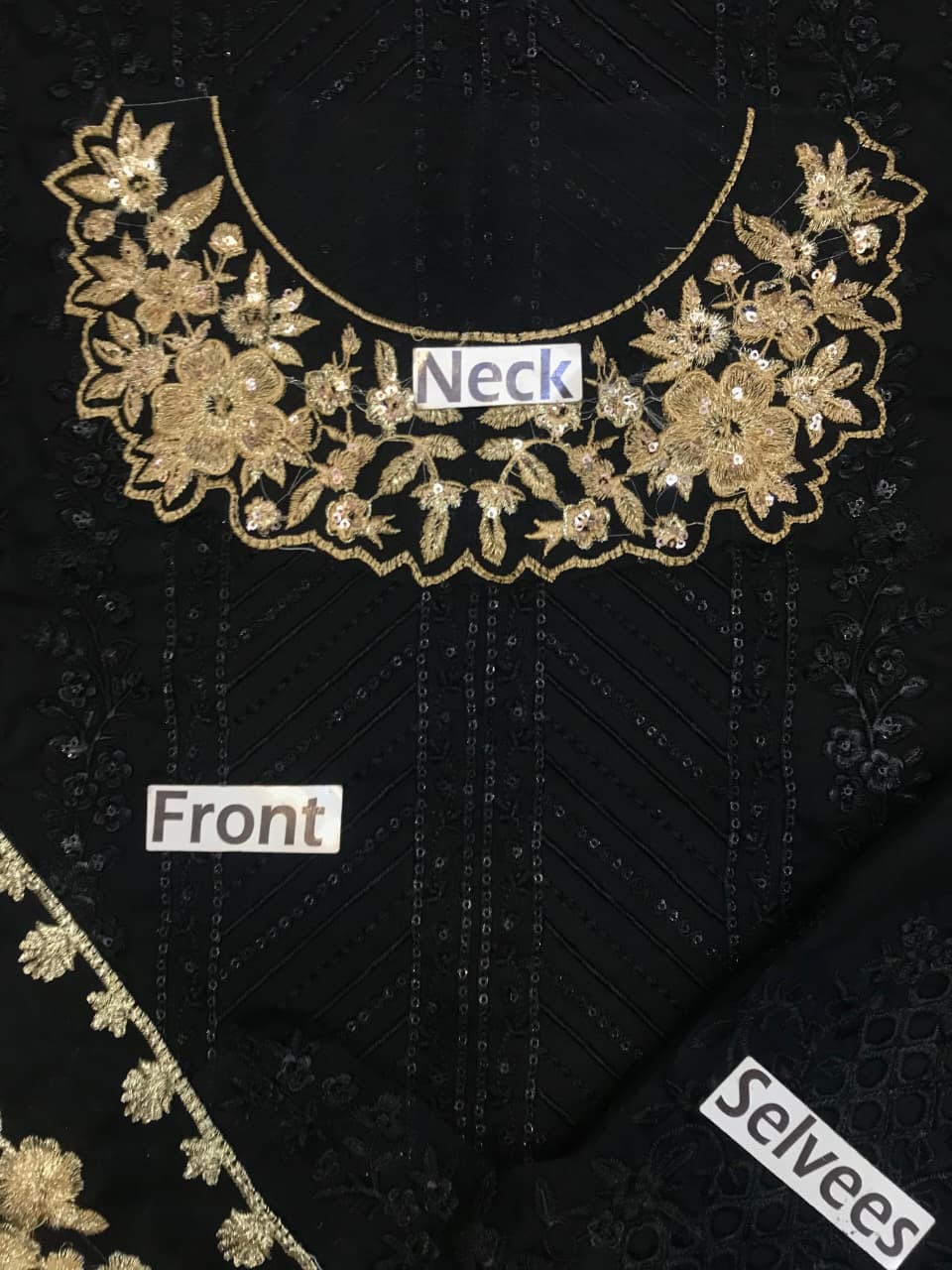 Chiffon embroidered unstitched 3pc luxury dress with heavy embroidered front, neckline, chiffon dupatta and shamoz silk trouser