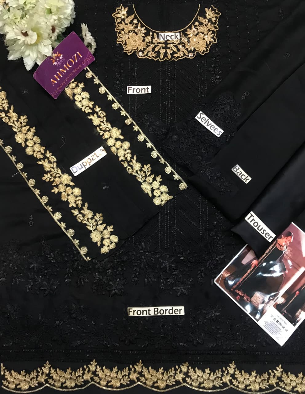 Chiffon embroidered unstitched 3pc luxury dress with heavy embroidered front, neckline, chiffon dupatta and shamoz silk trouser
