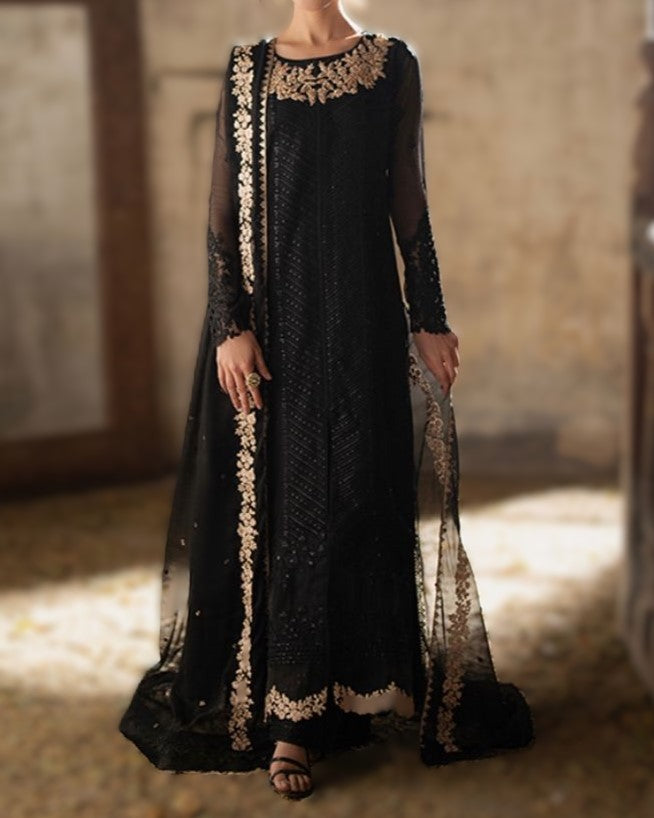 Chiffon embroidered unstitched 3pc luxury dress with heavy embroidered front, neckline, chiffon dupatta and shamoz silk trouser