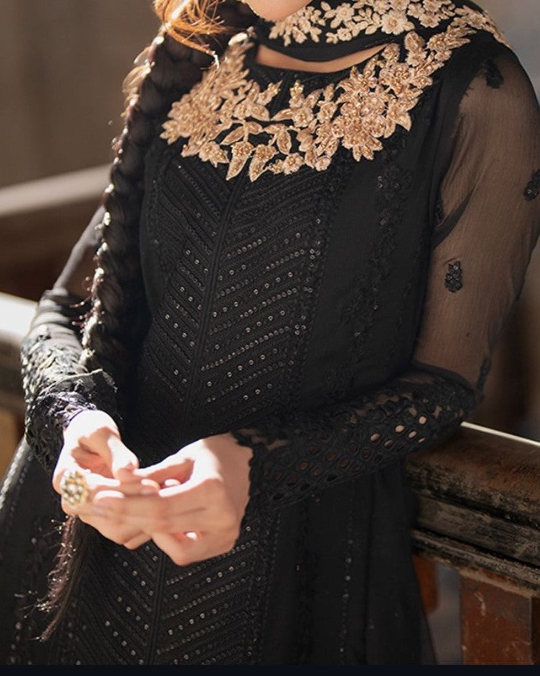 Chiffon embroidered unstitched 3pc luxury dress with heavy embroidered front, neckline, chiffon dupatta and shamoz silk trouser
