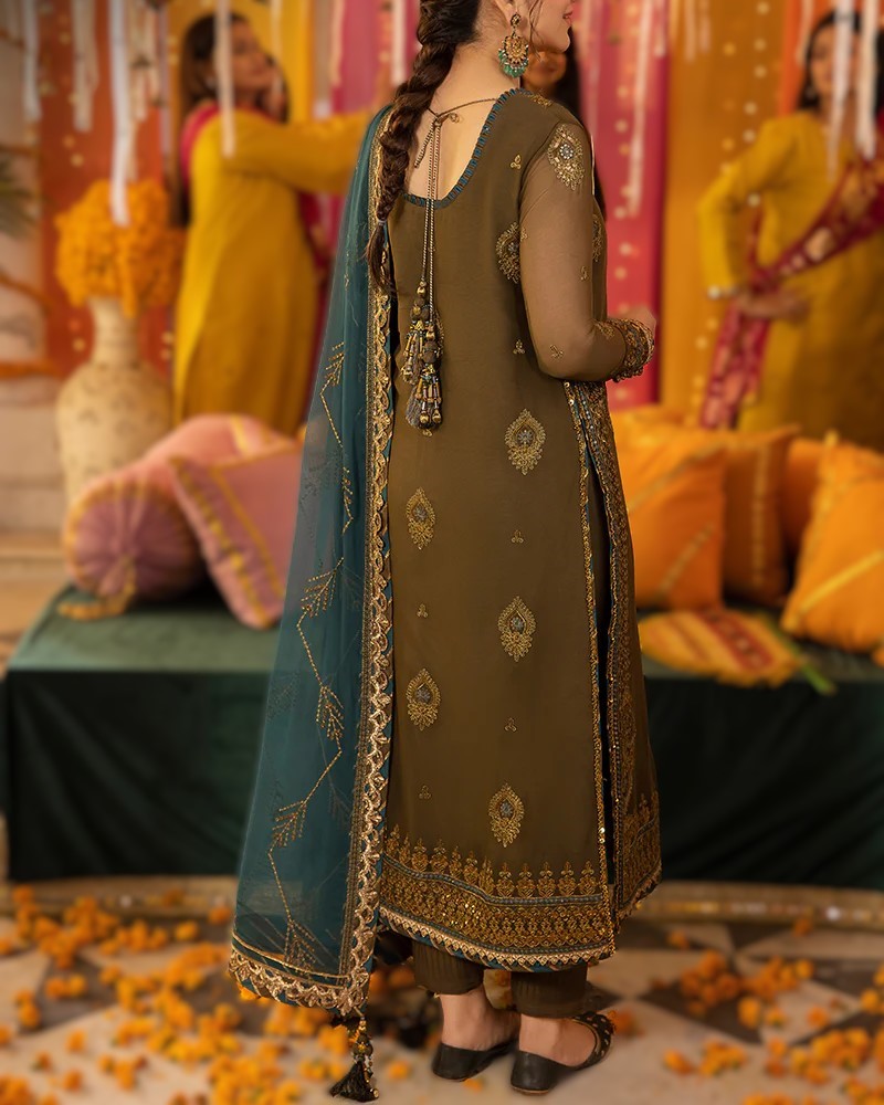 AJ-16 chiffon embroidered party wear suit with adda work neckline, embroidered daman, chiffon dupatta and malai trouser