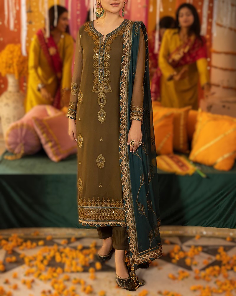 AJ-16 chiffon embroidered party wear suit with adda work neckline, embroidered daman, chiffon dupatta and malai trouser