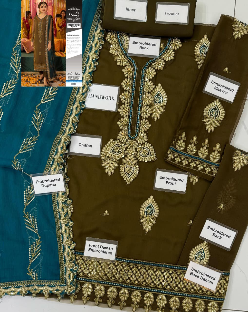 AJ-16 chiffon embroidered party wear suit with adda work neckline, embroidered daman, chiffon dupatta and malai trouser