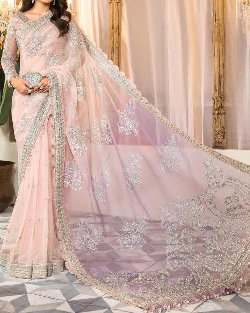 Luxury net embroidered saree with spangle work, tassel details, satin silk trouser, 6.5 yard pallou &amp; ghaira – perfect for Eid, weddings, and festive occasions.