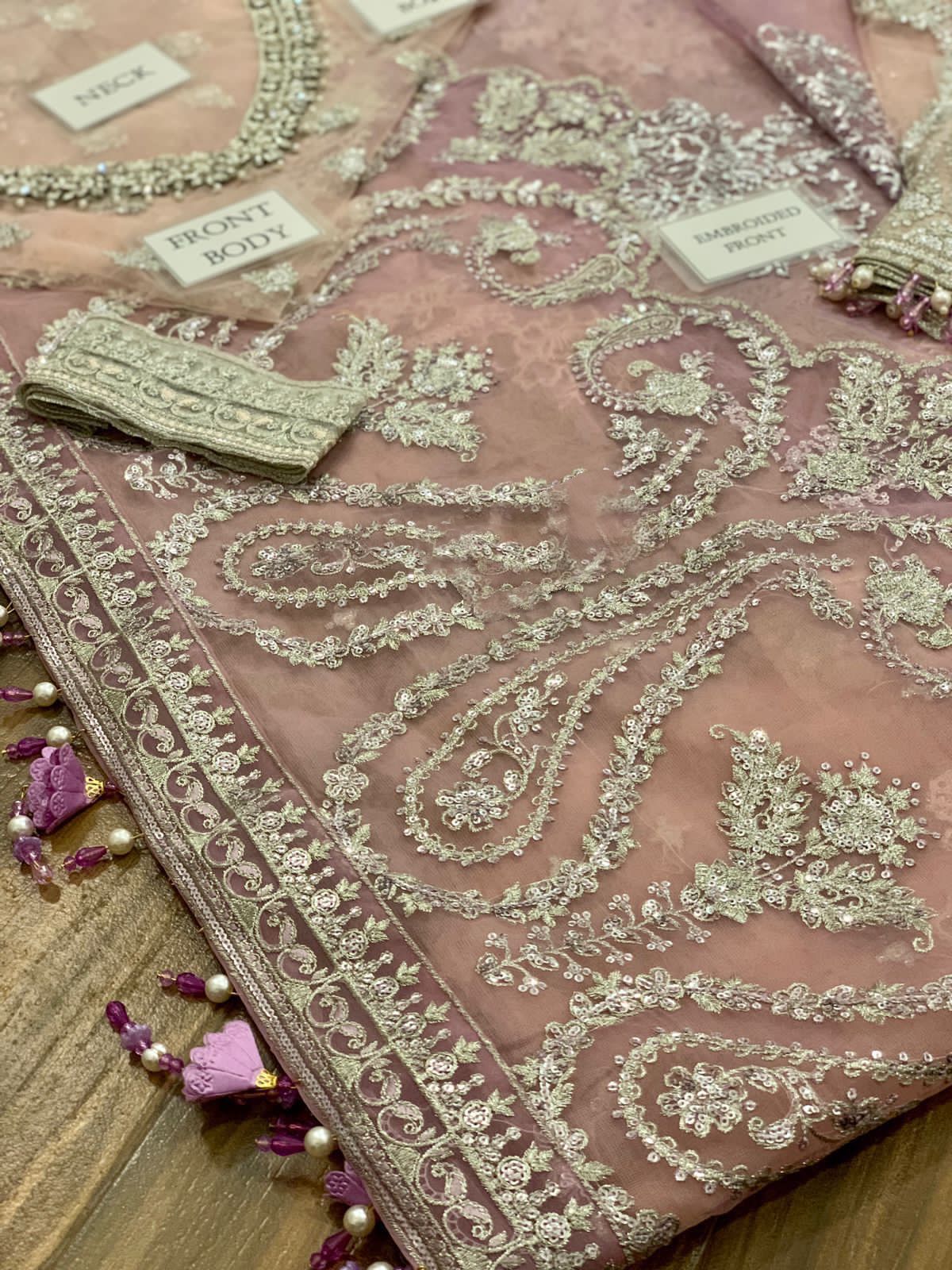 Luxury net embroidered saree with spangle work, tassel details, satin silk trouser, 6.5 yard pallou &amp; ghaira – perfect for Eid, weddings, and festive occasions.