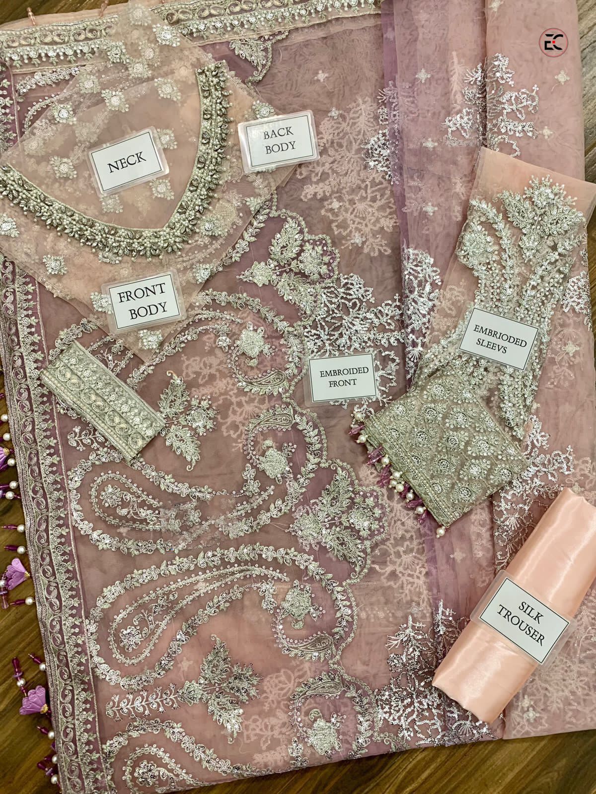 Luxury net embroidered saree with spangle work, tassel details, satin silk trouser, 6.5 yard pallou &amp; ghaira – perfect for Eid, weddings, and festive occasions.