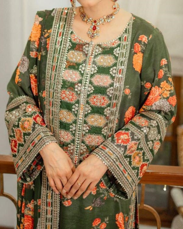 Premium women’s 3 piece unstitched silk suit with digital prints and heavy embroidery design in Pakistan