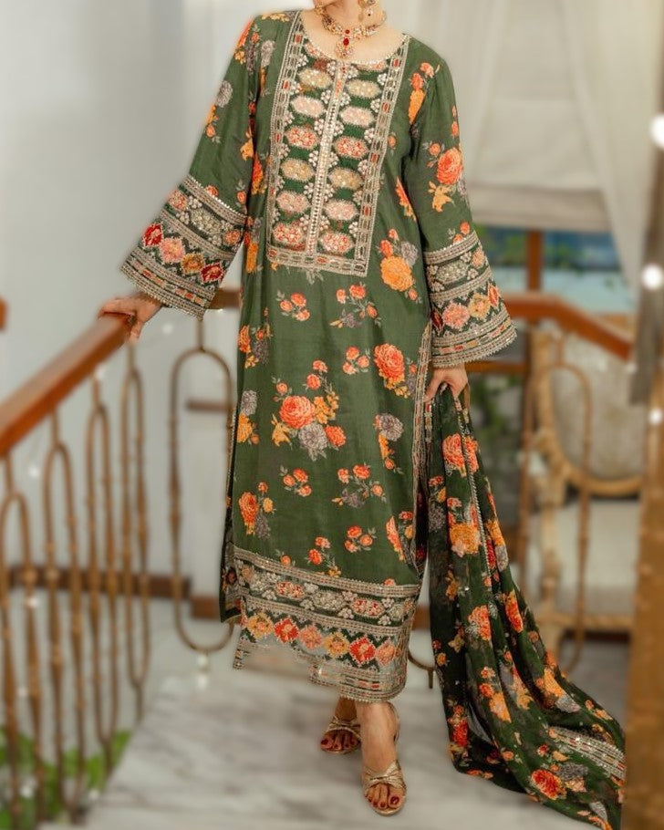 Premium women’s 3 piece unstitched silk suit with digital prints and heavy embroidery design in Pakistan
